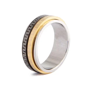 Stainless Greek Key Spinner Ring, 11575 - Silver, Gold & Black